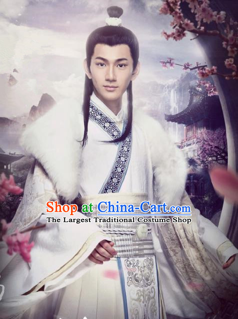 Historical Drama Love is More Than A Word Chinese Ancient Nobility Childe Tao Mo White Costume and Headpiece for Men