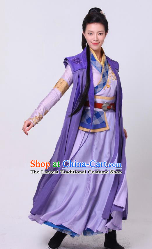 Chinese Ancient Swordswoman Purple Hanfu Dress Drama Devastating Beauty Jing Nanyi Costume and Headpiece for Women