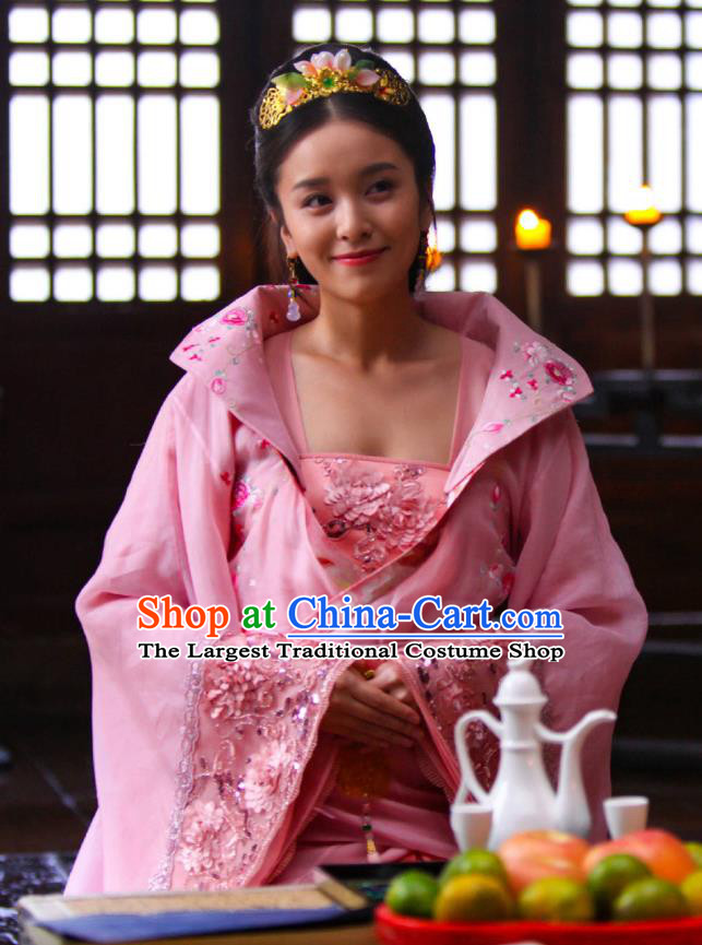 Chinese Ancient Princess Pink Hanfu Dress Drama Devastating Beauty Jing Nanyi Costume and Headpiece for Women