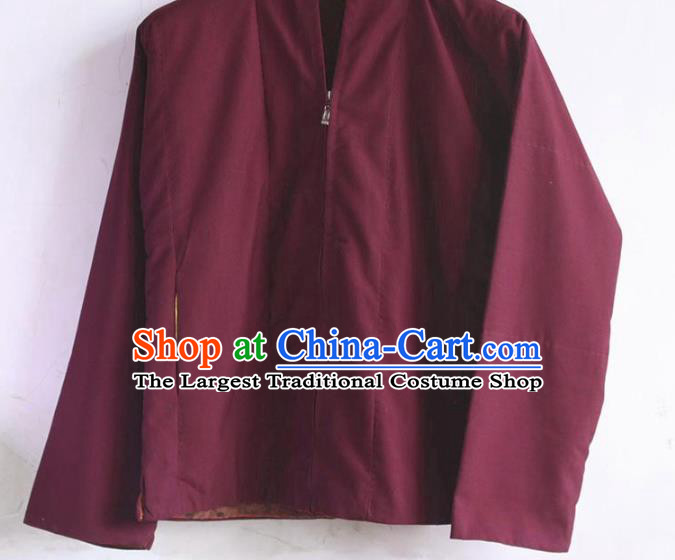 Chinese Tibetan Buddhism Wine Red Jacket Traditional Monk Upper Outer Garment for Men