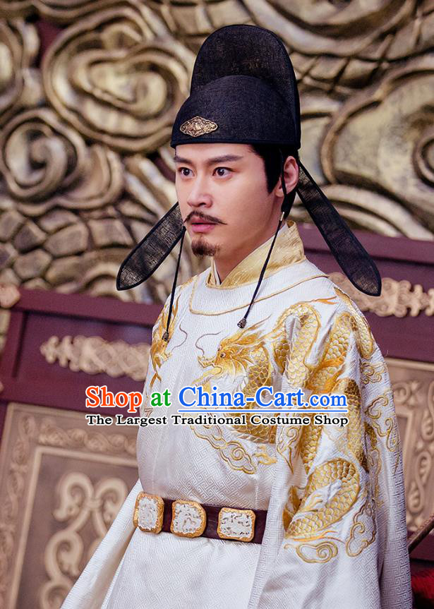 Chinese Ancient Tang Dynasty Emperor Li Shimin White Clothing Historical Drama Miss Truth Costume and Headpiece for Men