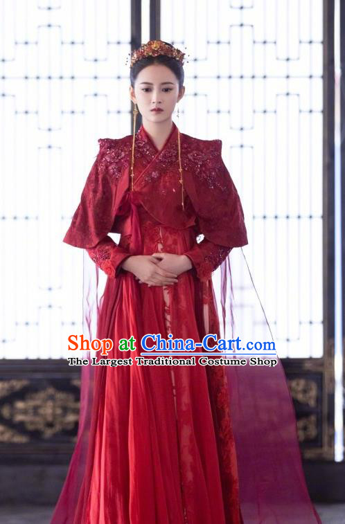 Chinese Ancient Princess Feng Wanmian Wedding Red Hanfu Dress Drama The Love Lasts Two Minds Costume and Headpiece for Women