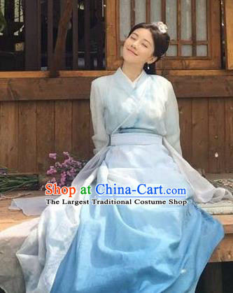 Drama Colourful Bone Chinese Ancient Princess Blue Dress Costume and Headpiece for Women
