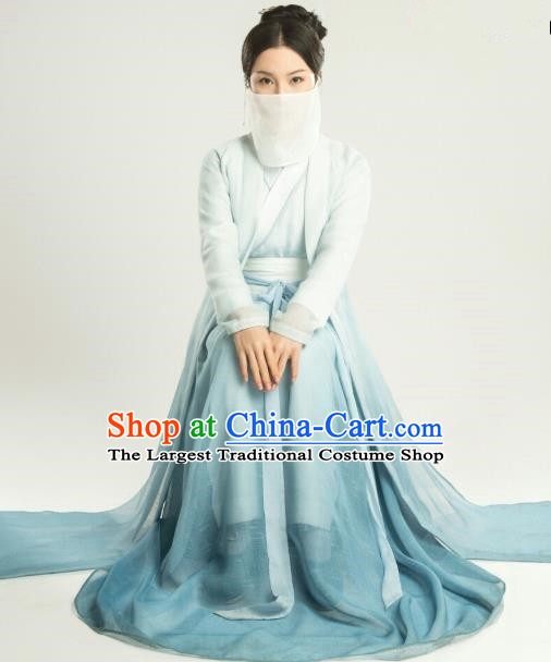 Chinese Ancient Court Maid Zhi Xia Blue Hanfu Dress Drama The Love Lasts Two Minds Costume and Headpiece for Women