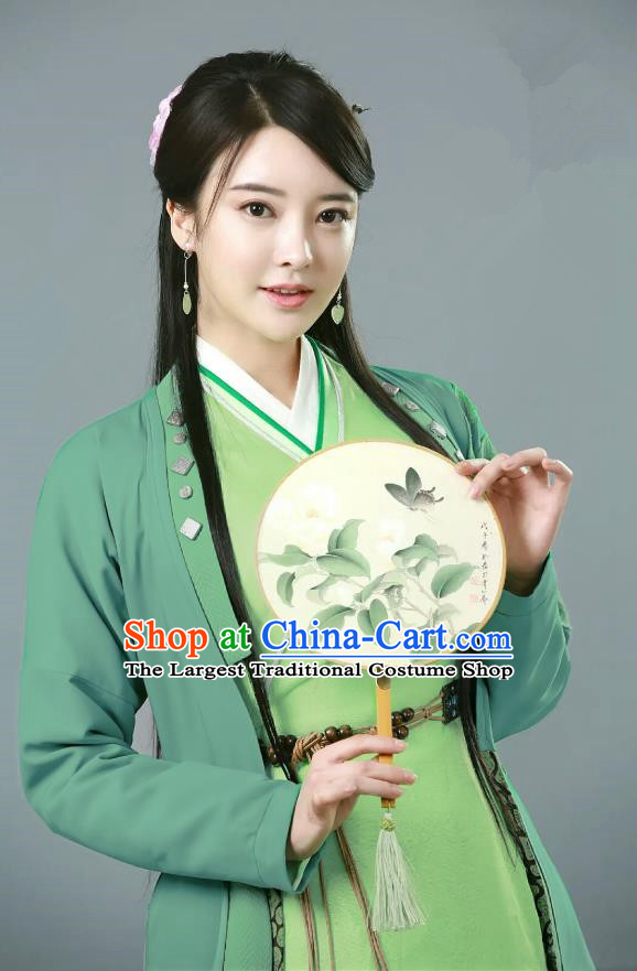 Chinese Ancient Female Swordsman Xiao Mimi Green Hanfu Dress Drama Handsome Siblings Costume and Headpiece for Women
