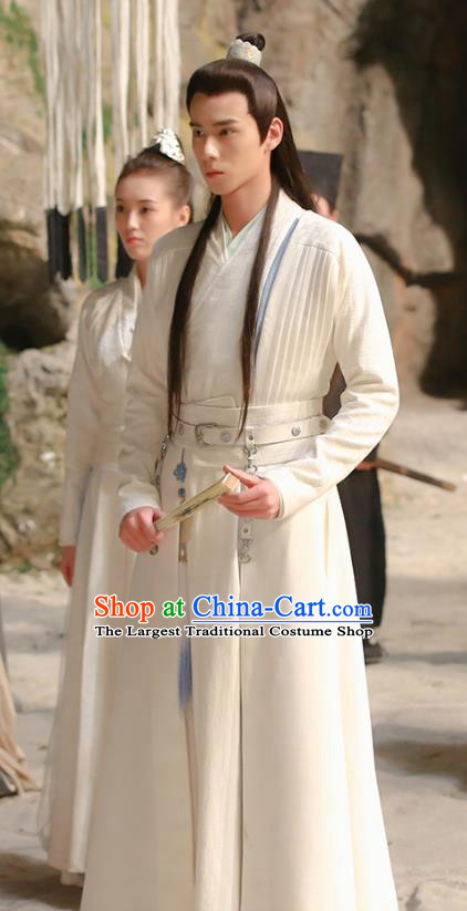 Chinese Ancient Swordsman Hua Wuque White Clothing Historical Drama Handsome Siblings Costume and Headpiece for Men