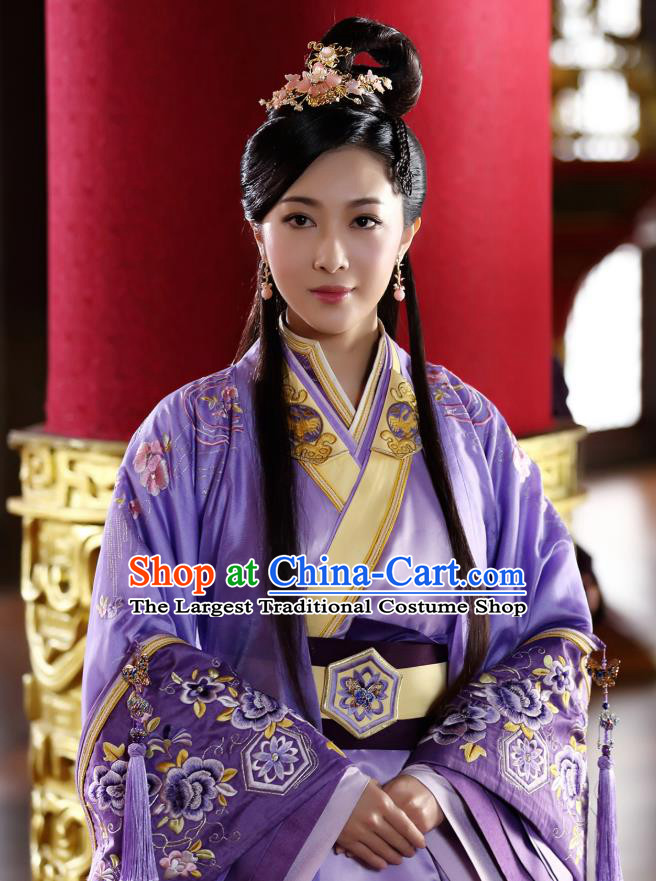 Chinese Historical Drama The Eternal Love Ancient Palace Princess Qu Pan Er Purple Costume and Headpiece for Women