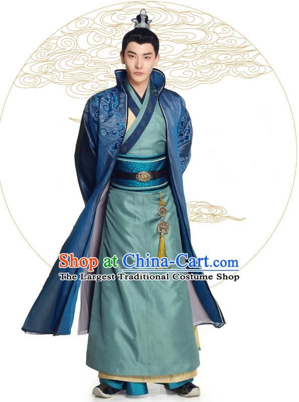 Chinese Ancient Prince Mo Yihuai Blue Clothing Historical Drama The Eternal Love Costume and Headwear for Men