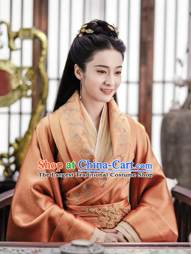 Chinese Ancient Royal Queen Rong Le Orange Historical Drama Princess Silver Costume and Headpiece for Women