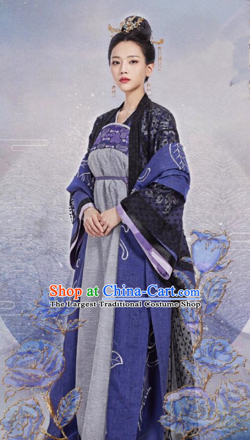 Chinese Ancient Noble Lady Qiao Huixin Blue Hanfu Dress Historical Drama The Love By Hypnotic Costume and Headpiece for Women