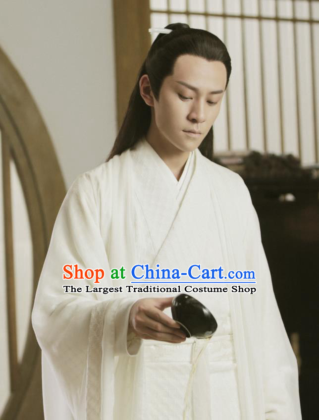 Drama Listening Snow Tower Chinese Ancient Swordsman Xiao Yiqing White Historical Costume and Headwear for Men