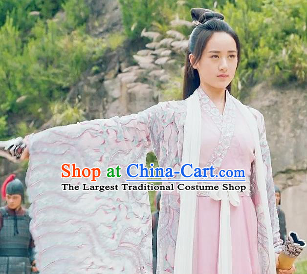 Chinese Ancient Demon Swordsman Shu Jingrong Pink Hanfu Dress Historical Drama Listening Snow Tower Costume and Headpiece for Women