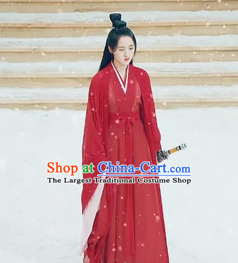 Chinese Ancient Female Swordsman Shu Jingrong Red Hanfu Dress Historical Drama Listening Snow Tower Costume and Headpiece for Women