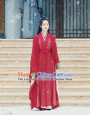 Chinese Ancient Female Swordsman Shu Jingrong Red Hanfu Dress Historical Drama Listening Snow Tower Costume and Headpiece for Women