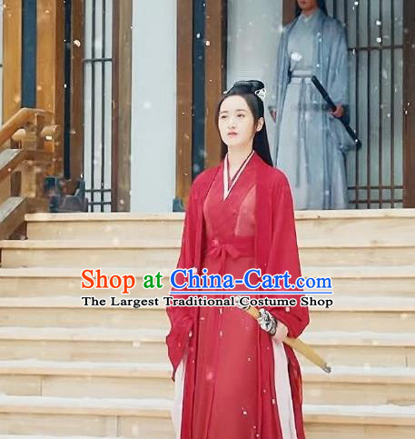 Chinese Ancient Female Swordsman Shu Jingrong Red Hanfu Dress Historical Drama Listening Snow Tower Costume and Headpiece for Women