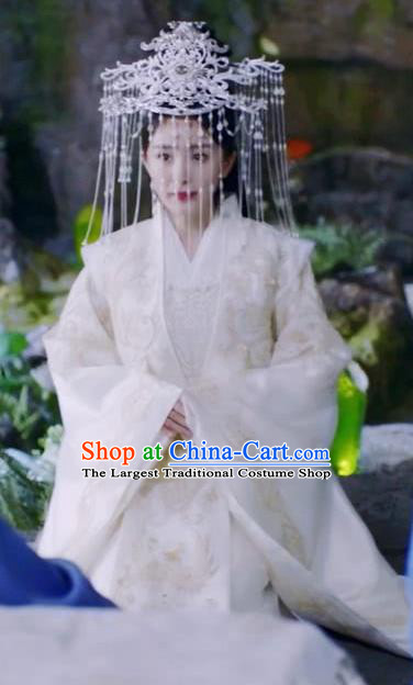 Chinese Ancient Goddess Drama Sansheng Sanshi Pillow Eternal Love Bai Qian Wedding Costume and Headpiece Complete Set