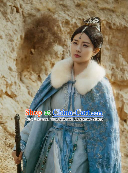 Chinese Ancient Swordswoman Zhangsun Qianxue Blue Dress Historical Drama Sword Dynasty Costume and Headpiece for Women