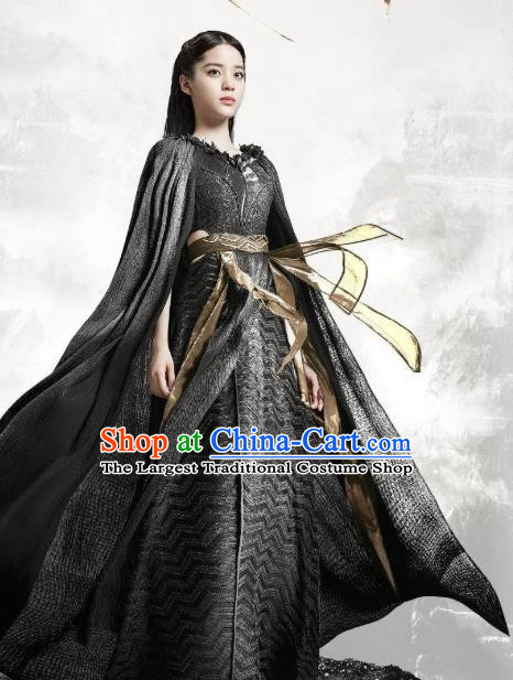 Chinese Ancient Female Swordsman Goddess Luo Li Black Dress Historical Drama The Great Ruler Costume and Headpiece for Women