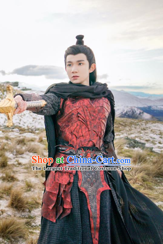 Drama The Great Ruler Chinese Ancient Swordsman Young Knight Mu Chen Costume and Headpiece Complete Set