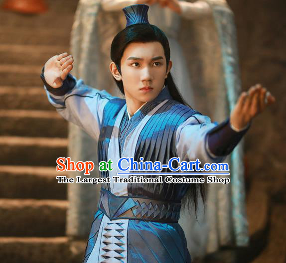 Drama The Great Ruler Chinese Ancient Swordsman Mu Chen Blue Costume and Headpiece Complete Set