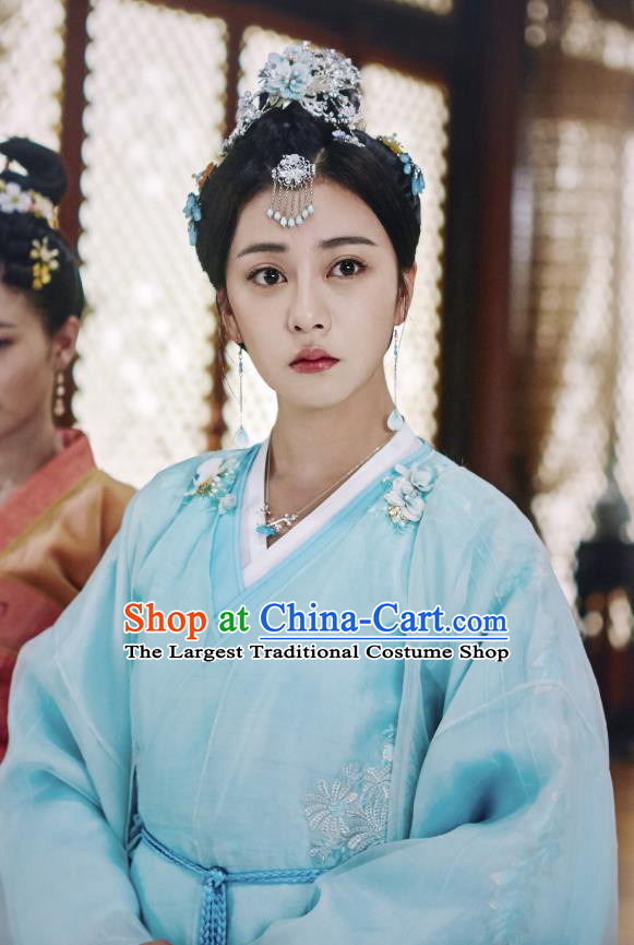 Chinese Ancient Princess Liu Li Blue Dress Historical Drama Cinderella Chef Costume and Headpiece for Women