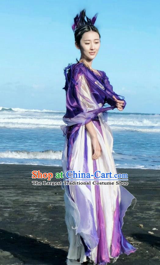 Chinese Ancient Goddess Jiu You Purple Dress Historical Drama The Great Ruler Costume and Headpiece for Women