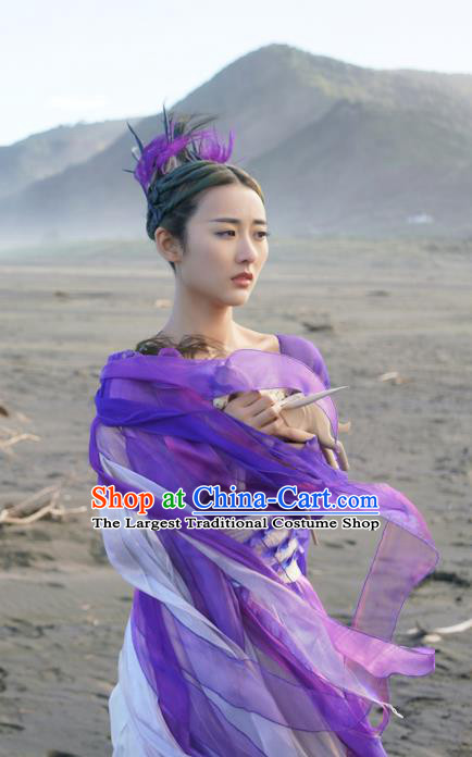 Chinese Ancient Goddess Jiu You Purple Dress Historical Drama The Great Ruler Costume and Headpiece for Women