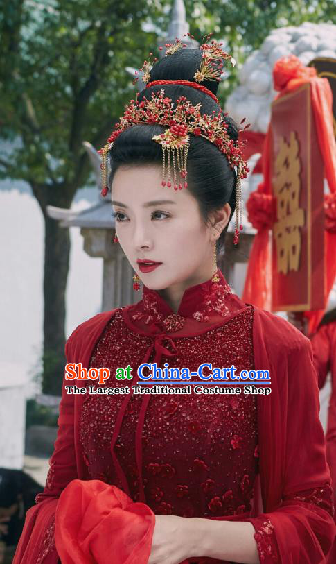 Chinese Ancient Noble Lady Ye Jiayao Wedding Red Dress Historical Drama Cinderella Chef Costume and Headpiece for Women