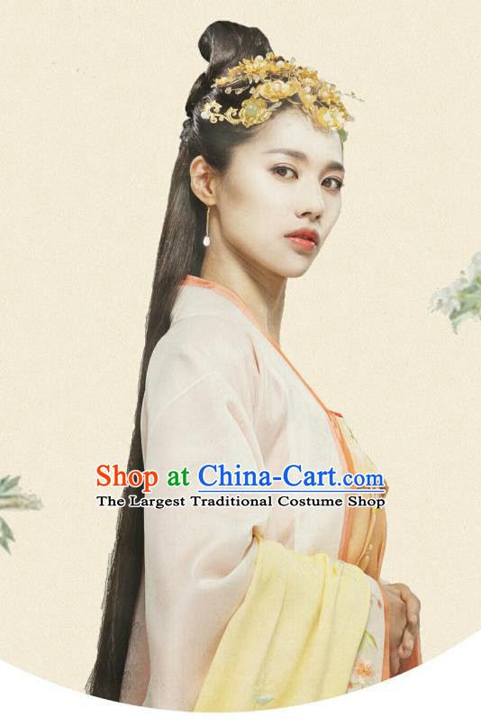 Chinese Ancient Tang Dynasty Infanta Ming Hui Apricot Dress Historical Drama An Oriental Odyssey Costume and Headpiece for Women