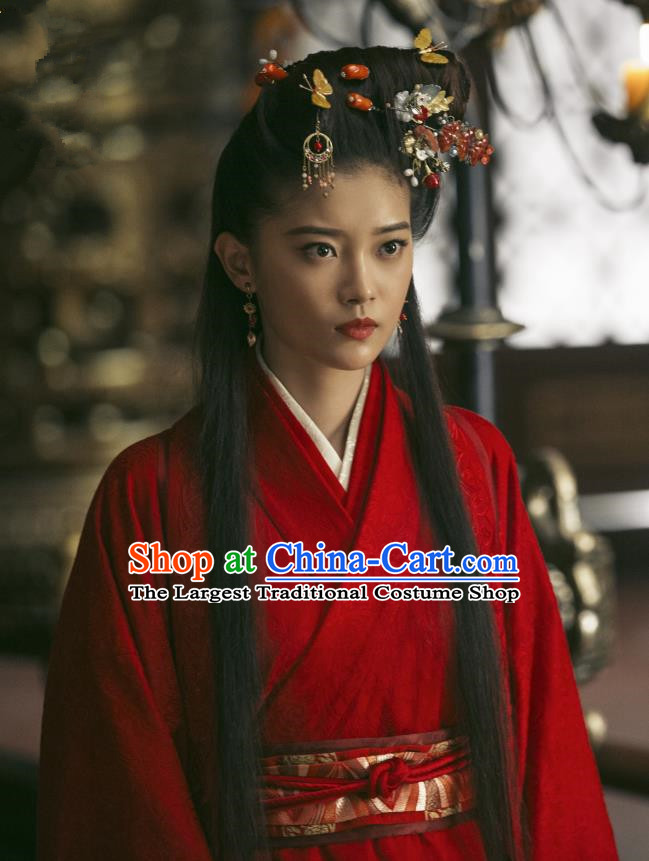 Chinese Ancient Qin Dynasty Imperial Consort Yu Ji Red Dress Historical Drama Hero Dream Costume and Headpiece for Women