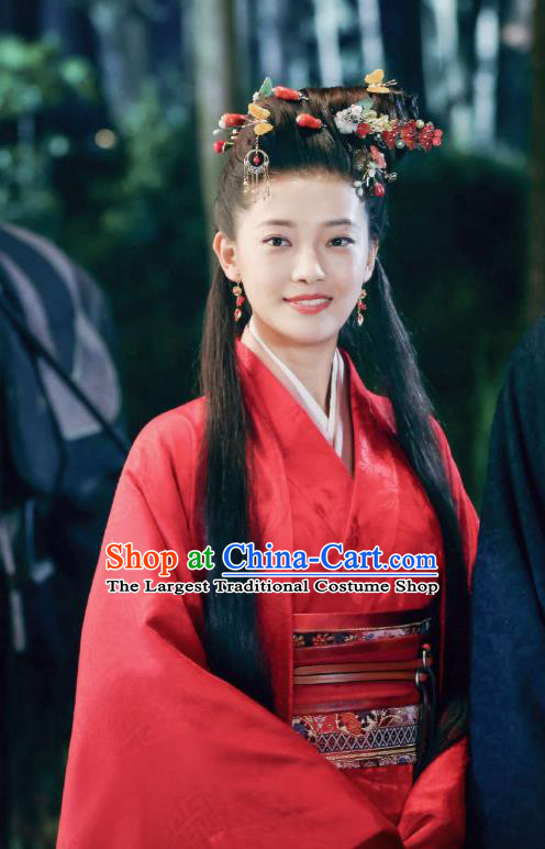 Chinese Ancient Qin Dynasty Imperial Consort Yu Ji Red Dress Historical Drama Hero Dream Costume and Headpiece for Women