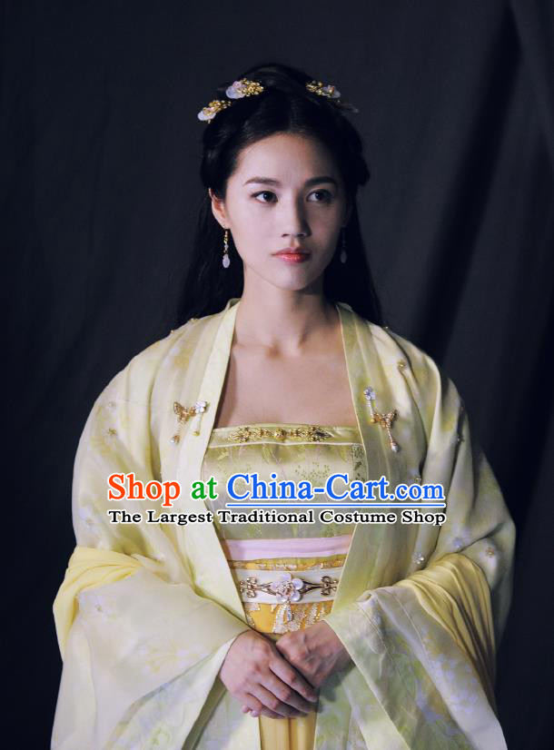 Chinese Ancient Tang Dynasty Princess Ming Hui Yellow Dress Historical Drama An Oriental Odyssey Costume and Headpiece for Women