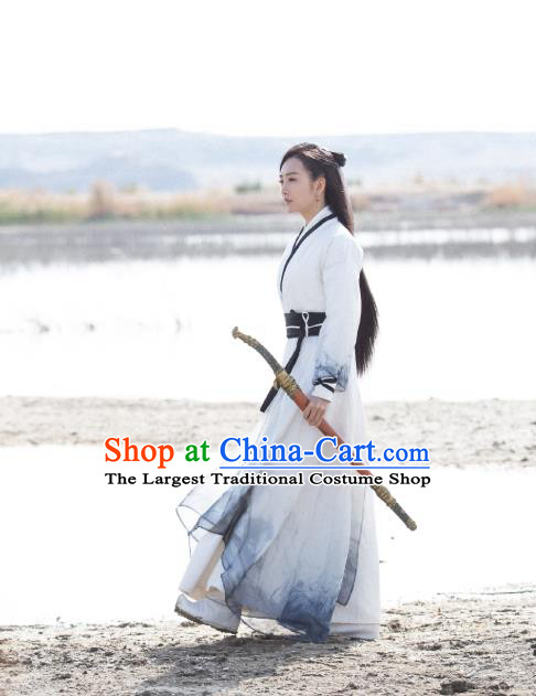 Chinese Ancient Swordsman Yu Wei White Dress Historical Drama The Legend of Jade Sword Wang Ou Costume and Headpiece for Women