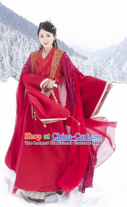 Chinese Ancient Princess Xi Yue Red Dress Historical Drama The Legend of Jade Sword Costume and Headpiece for Women