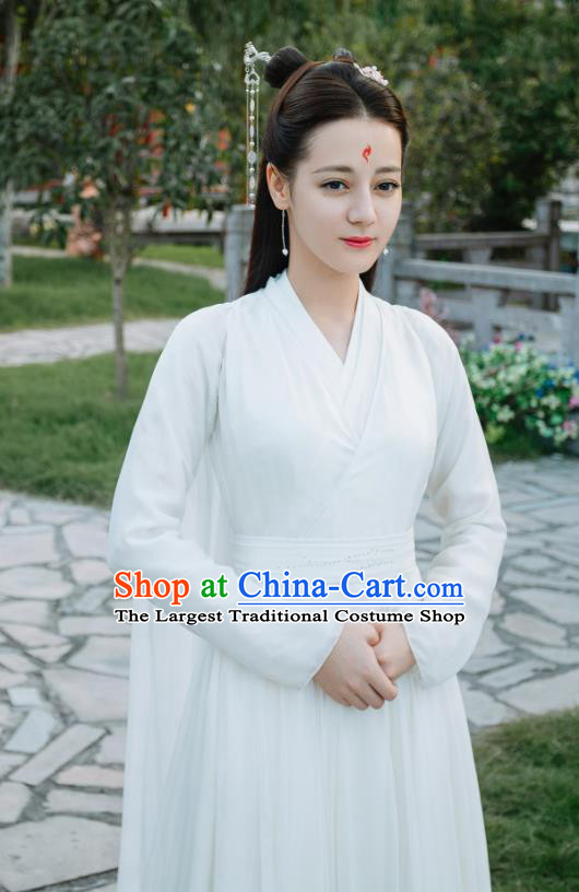 Chinese Ancient Fox Princess Bai Fengjiu White Dress Drama Sansheng Sanshi Pillow Eternal Love of Dream Costume and Headpiece Complete Set