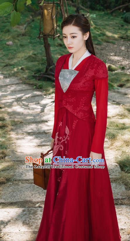 Chinese Ancient Goddess Princess Bai Fengjiu Red Dress Drama Sansheng Sanshi Pillow Eternal Love of Dream Costume and Headpiece Complete Set