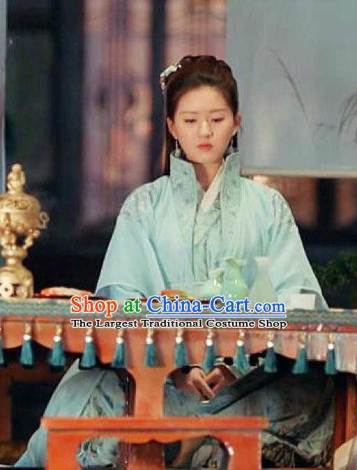 Chinese Ancient Princess Blue Hanfu Dress and Hair Jewelry Historical Drama Love of Thousand Years Across Tan Chuan Costumes