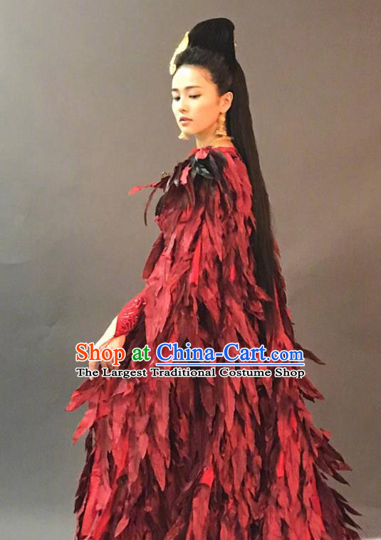 Chinese Ancient Red Feather Dress Historical Drama King Is Not Easy Princess Da Xi Costumes and Hair Accessories