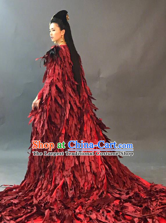 Chinese Ancient Red Feather Dress Historical Drama King Is Not Easy Princess Da Xi Costumes and Hair Accessories