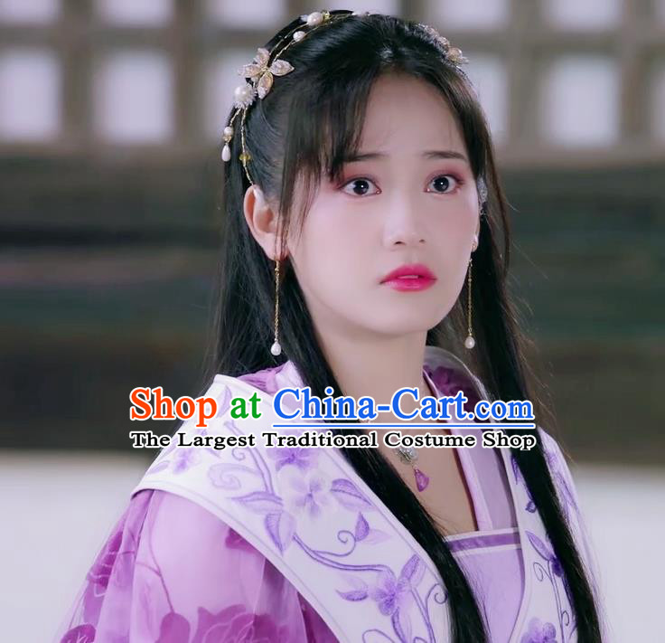 Chinese Ancient Noble Lady Lin Luojing Lilac Dress Historical Drama Jueshi Qianjin Costume and Headpiece for Women