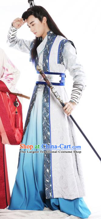 Drama Men with Sword Chinese Ancient Swordsman Gongsun Qian Costume and Headpiece Complete Set