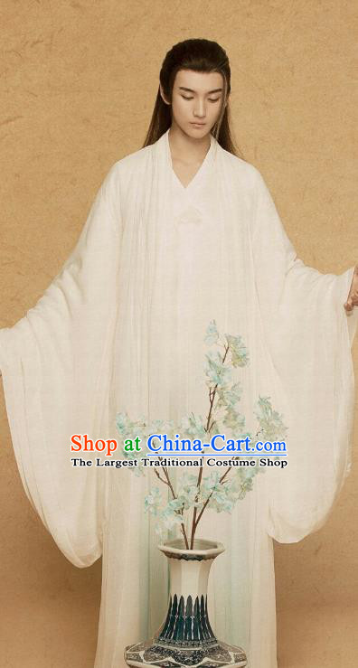 Chinese Ancient Scholar White Apparel Clothing and Jade Hairpin Drama Pingli Fox Childe Bai Sheng Costumes and Headwear