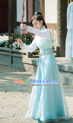 Chinese Ancient Female Swordsman Blue Dress Historical Drama Pingli Fox Zheng Xuejing Costumes and Headwear