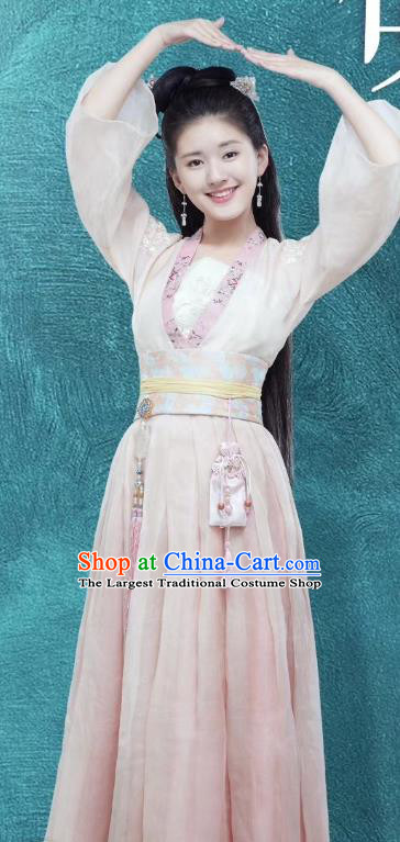 Chinese Ancient Female Knight Historical Costumes and Hairpins Drama Oh My Emperor Luo Feifei Pink Hanfu Dress