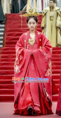 Chinese Ancient Princess Wedding Historical Costumes and Phoenix Coronet Drama Tang Dynasty Tour Li Anlan Red Hanfu Dress