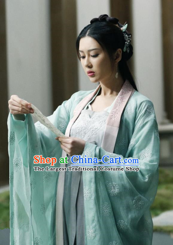 Chinese Ancient Talented Girl Historical Costumes and Hairpins Drama Tang Dynasty Tour Lu Xinyue Blue Hanfu Dress