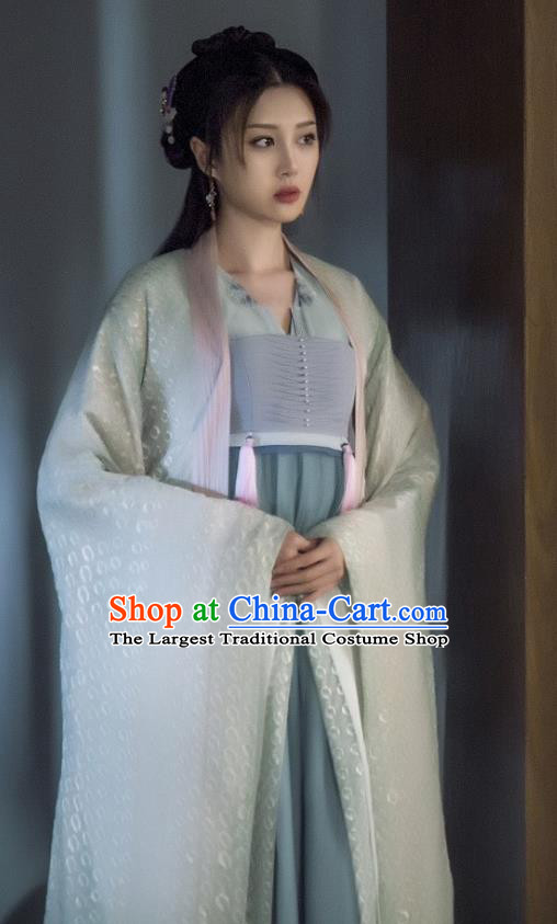 Chinese Ancient Gifted Lady Historical Costumes and Hairpin Drama Tang Dynasty Tour Lu Xinyue Blue Hanfu Dress
