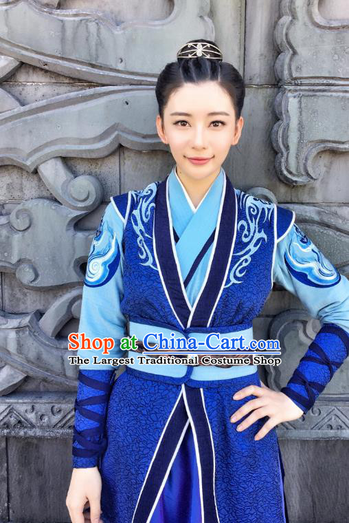 Chinese Ancient Female Swordsman Costume Historical Drama The Taosim Crandmaster Liu Xiang Blue Hanfu Dress and Headwear