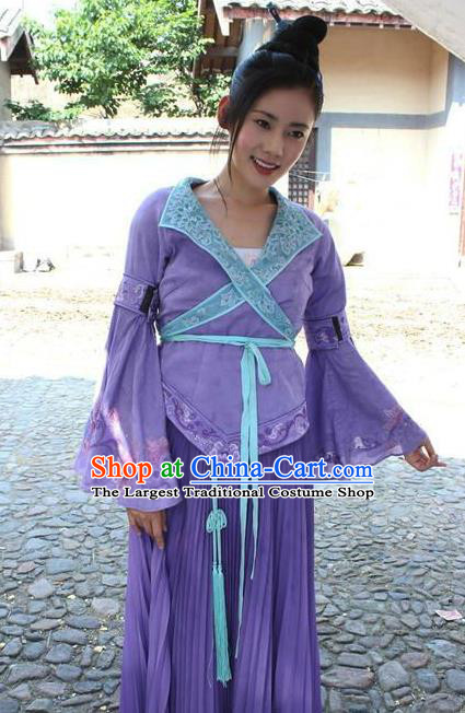 Chinese Ancient Tang Dynasty Swordswoman Historical Costumes and Headpiece Drama Legend of Southwest Dance and Music Ye Shaluo Purple Dresses