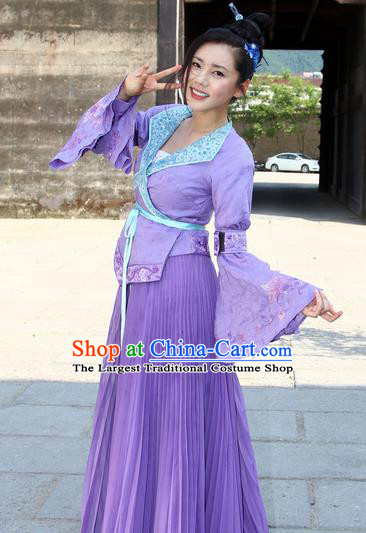 Chinese Ancient Tang Dynasty Swordswoman Historical Costumes and Headpiece Drama Legend of Southwest Dance and Music Ye Shaluo Purple Dresses